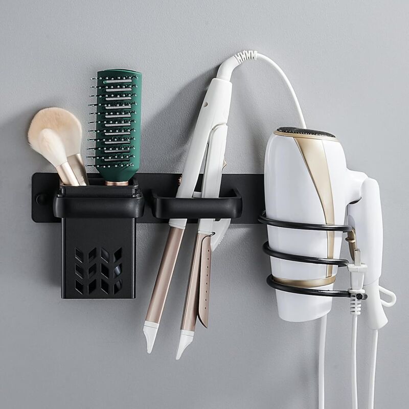 Black Wall Mounted Hair Dryer Holder with Cable Organizer Storage Shelf for Bathroom Bedroom Hotel