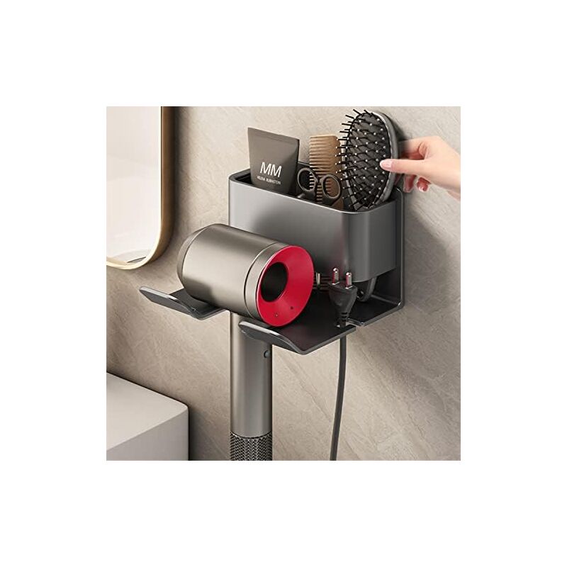 Csparkv - 14x5x7.5cm Hair Dryer Holder, Aluminum Hair Dryer Holder No Drilling with Cable Management, Wall Mounted Hair Dryer Holder for Bedroom