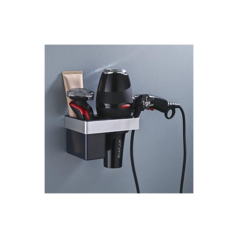 Csparkv - Wall Mounted Hair Dryer Holder Adhesive, Aluminum Hair Dryer Holder with abs Storage and Cable Tidy, No Drilling Hair Dryer Holder for