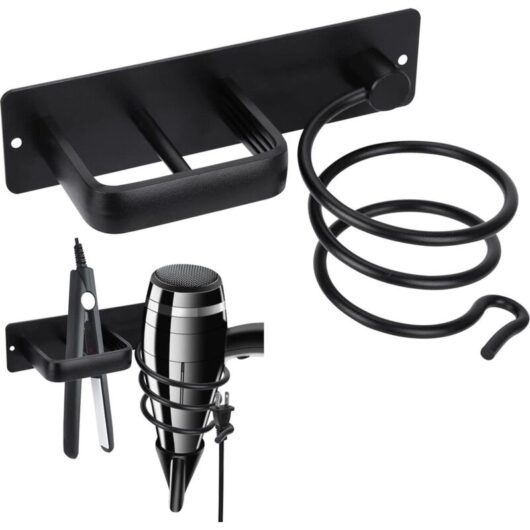 Hair Dryer Holder - Hair Dryer and Hairdryer Stand - Convenient Hair Straightener Storage - Black