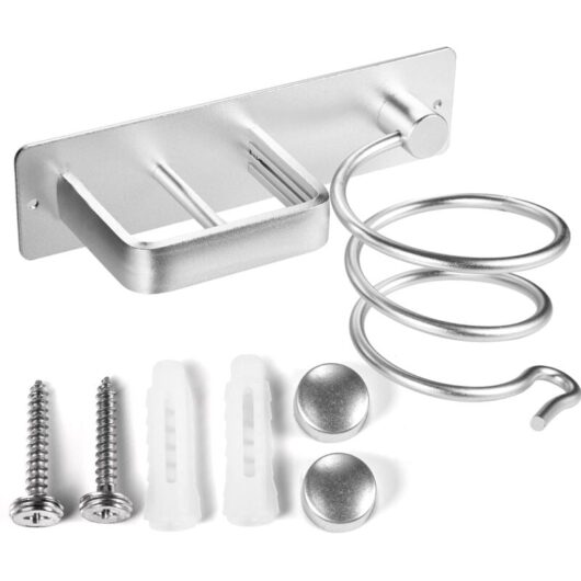 Hair Dryer Holder Straightener Stand with Cable Management, Aluminum Wall Mount Hair Dryer Organizer Rack for Bathroom Bedroom Hotel, Silver