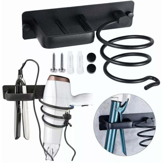 Aluminum hair dryer holder with wall-mounted cable storage for hair straighteners, hairbrushes and for hotel rooms, bathrooms and hair salons.
