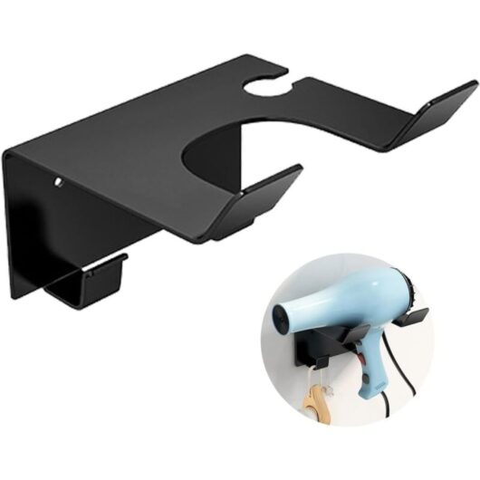 CCYKXA Hair dryer holder with adhesive and screws - Dual installation - No drilling required - Black - Universal wall mount with hooks for bedroom,