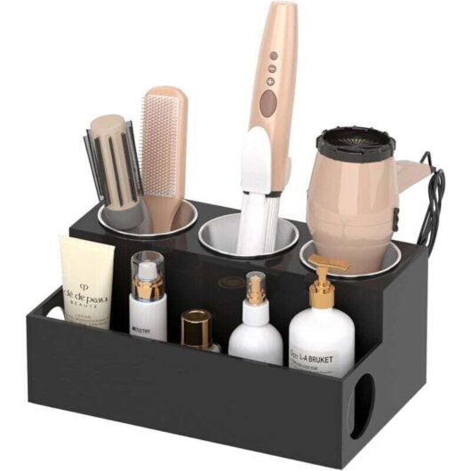 Organizer for hair styling tools, black acrylic hair dryer and styling holder, freestanding hair dryer holder for the bathroom