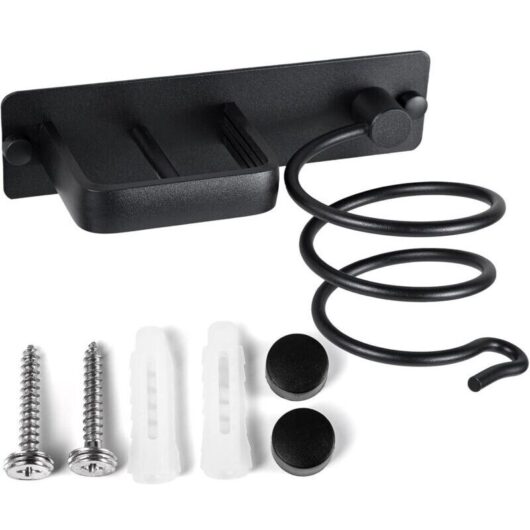 Aluminum Hair Dryer Holder with Wall-Mounted Cable Organizer for Hair Straighteners, Hairbrushes, and Hairdressing Salons - Black