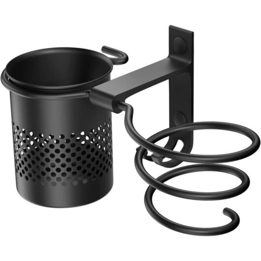 Black hair dryer holder (1 piece), bathroom hair dryer stand with hook and basket for storing hair care appliances and curling irons