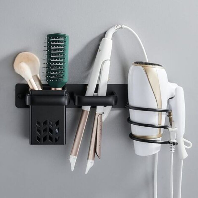 Black wall-mounted hairdryer holder with cable organizer and storage shelf, for bathroom, bedroom, hotel