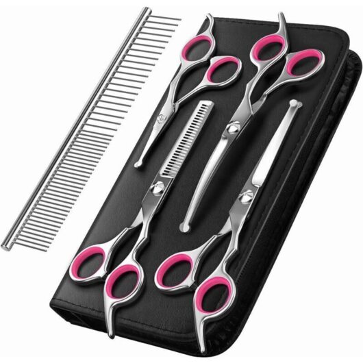 Dog grooming scissors, 5-piece pet grooming tool set in titanium-coated stainless steel, thinning/straightening/curved scissors and comb - Pink