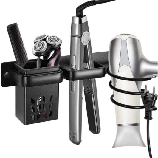 Hair Dryer Holder, Hair Dryer and Straightener Stand, Aluminum Straightener Holder, for Hotel Bedroom Bathroom (Black)