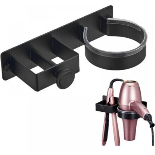 Hair dryer holder, no drilling required, with adhesive and screws, black