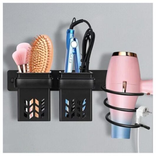 Never used] Aluminum Hair Dryer Holder with abs Storage and Cable Organizer, Multifunctional Bathroom Shelf for Hair Dryer, Straightener, etc. (Black
