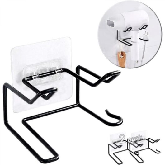 Set of 2 wall-mounted hair dryer holders, self-adhesive and waterproof, for curling irons and straighteners (black)