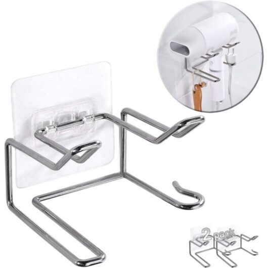 Set of 2 wall-mounted holders for hair dryers, self-adhesive and waterproof, for brushes, curling irons and straighteners