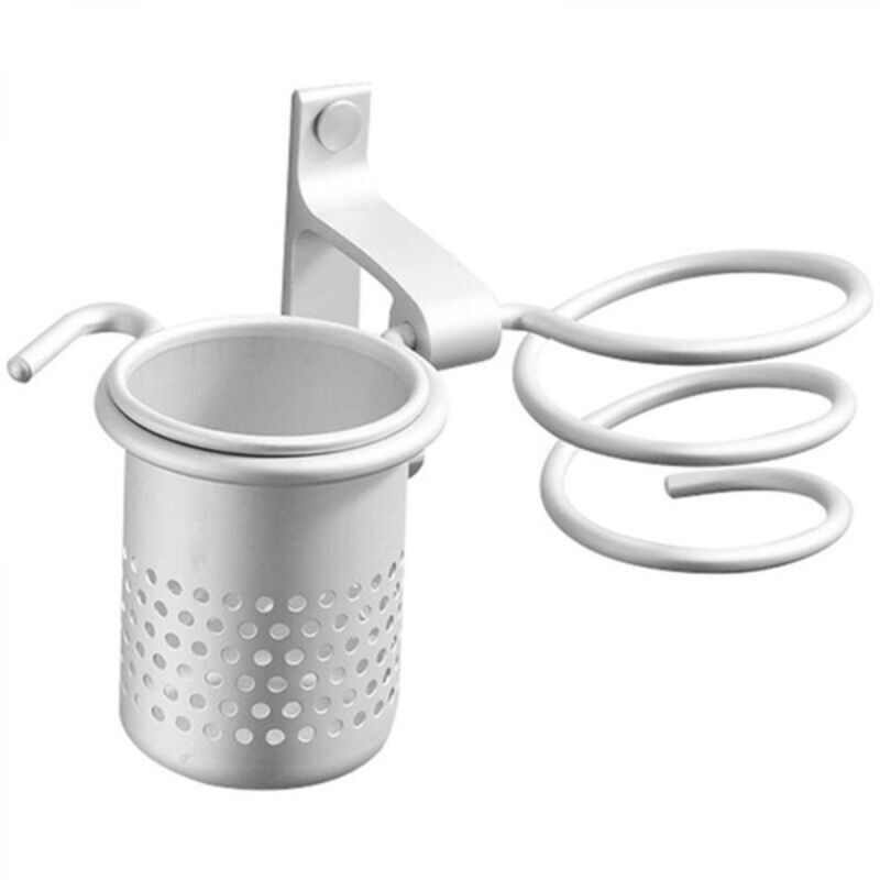 Wall-mounted aluminum hair dryer holder with storage and screw fixing - Phone holder compatible with hair straighteners (silver)