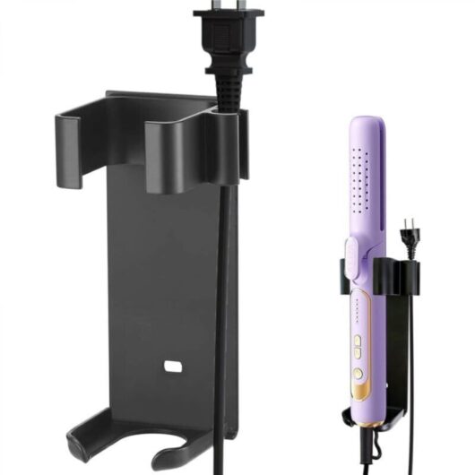 Wall-mounted bracket for hair straightener and hair dryer, black aluminum, a practical solution for organized storage (no screws required)