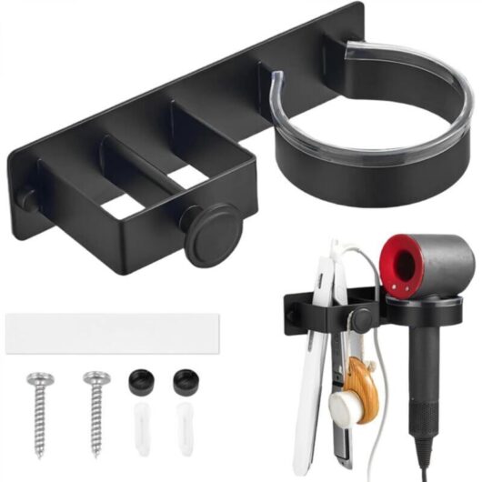 Wall-mounted holder for hair dryers and straighteners, no drilling required, made of aluminum, versatile, self-adhesive, for bathrooms, hotels, and