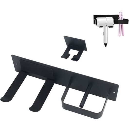 Wall-mounted holder for hair dryers and straighteners with cable storage, curling irons, and bathroom tool storage